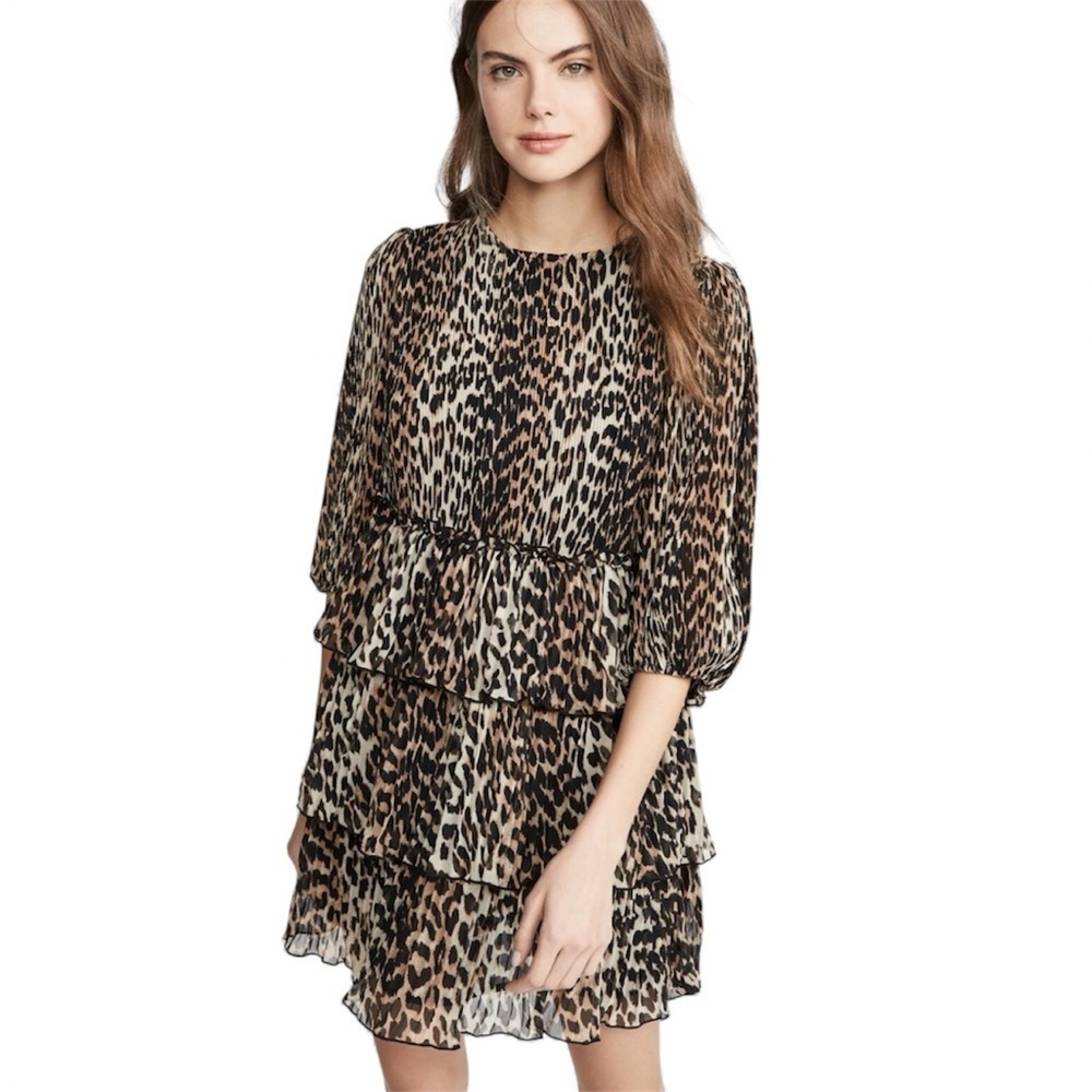 Ganni Pleated Georgette Ruffle Dress, Leopard Size 40(8)